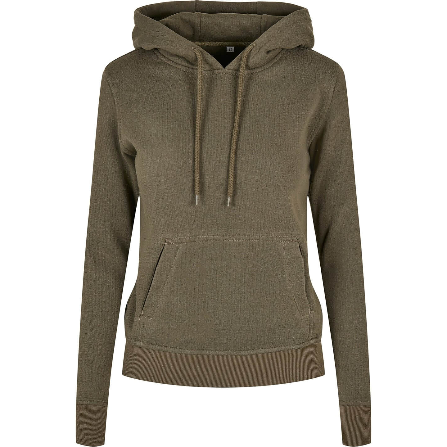 Build your brand Womens 100% organic cotton olive green hoodie, with a hand-printed design of your choice. only from ElRat Designs