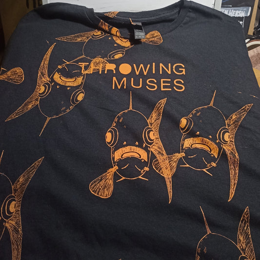 Throwing Muses 'Bywater' T-Shirt - black with orange messy print, unique 'Schooling Edition,' handmade by ElRat Designs (bywater-schooling-1).
