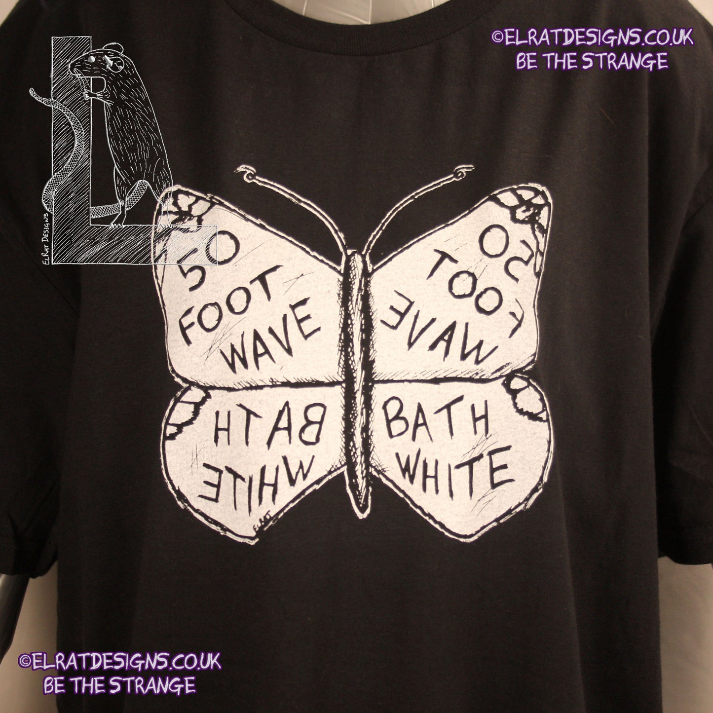 50 Foot Wave "Bath White" Butterfly T-Shirt from ElRat Designs, Featuring a hand drawn Butterfly on the front - gallery-skip - elratdesigns.co.uk