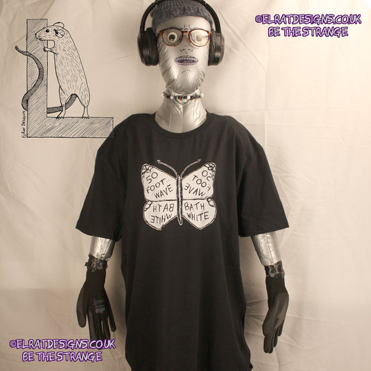 50 Foot Wave "Bath White" Butterfly T-Shirt from ElRat Designs, Featuring a hand drawn Butterfly on the front - hero - elratdesigns.co.uk