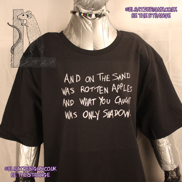 50 Foot Wave "Bath White" scrawled lyric T-Shirt from ElRat Designs, "and on the sand was rotten apples, and what you caught was only shadows"  - hero - elratdesigns.co.uk