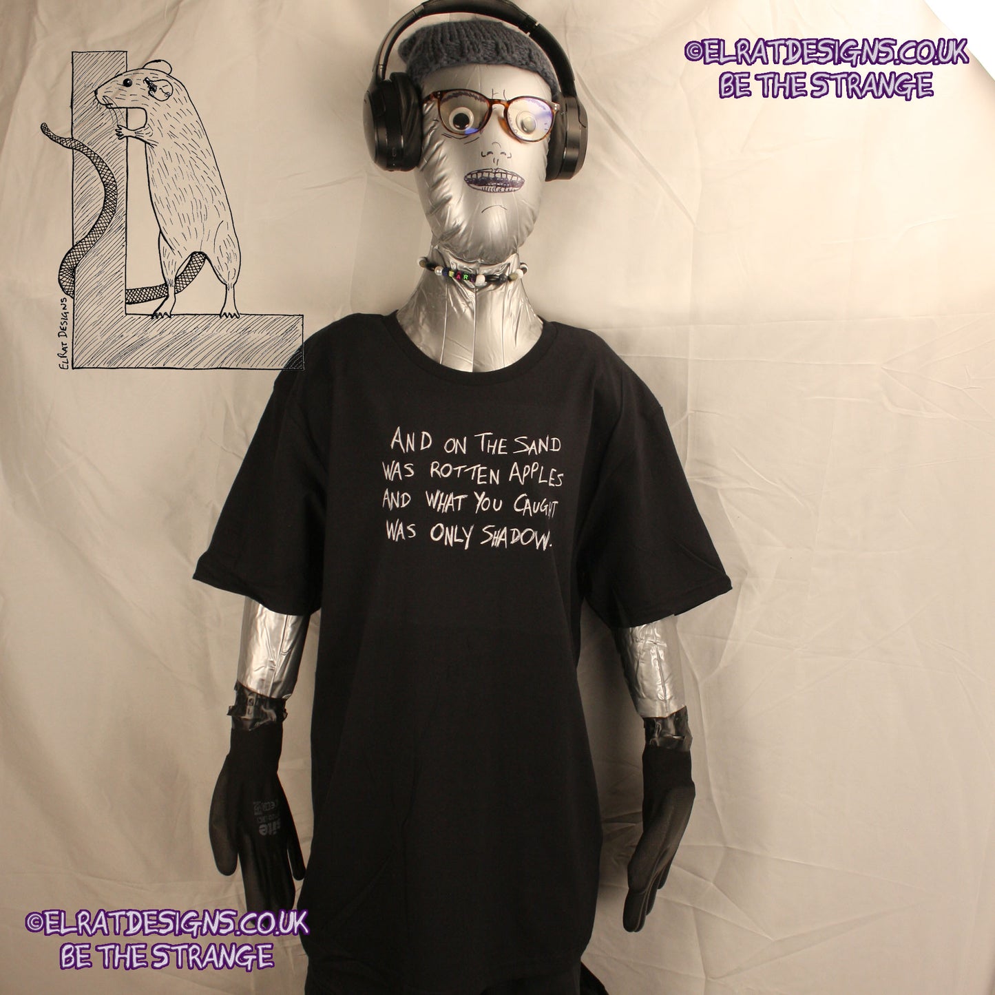 50 Foot Wave "Bath White" scrawled lyric T-Shirt from ElRat Designs, "and on the sand was rotten apples, and what you caught was only shadows"  - hero - elratdesigns.co.uk