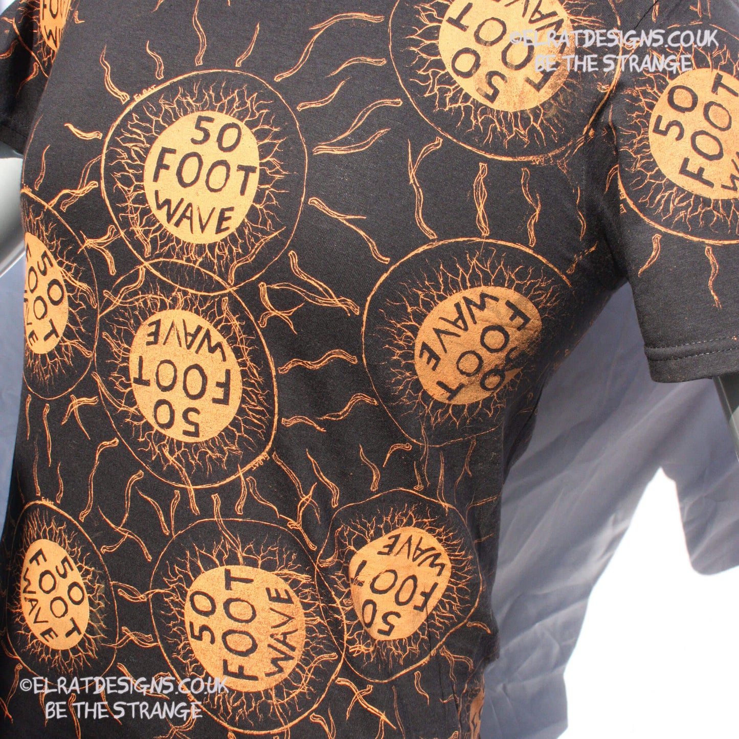 ElRat 50 Foot Wave "Staring into the Sun" One-of-a-Kind Messy Print, Imperfect art shirt. Hand printed, by me, Just for you. Only at ElRat Designs. elratdesigns.co.uk