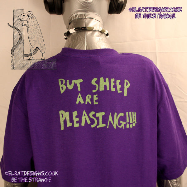 K'Rat-Horse Original "Goats Rule" Back print, "But Sheep are Pleasing"  close, only from ElRat Designs - hero - elratdesigns.co.uk