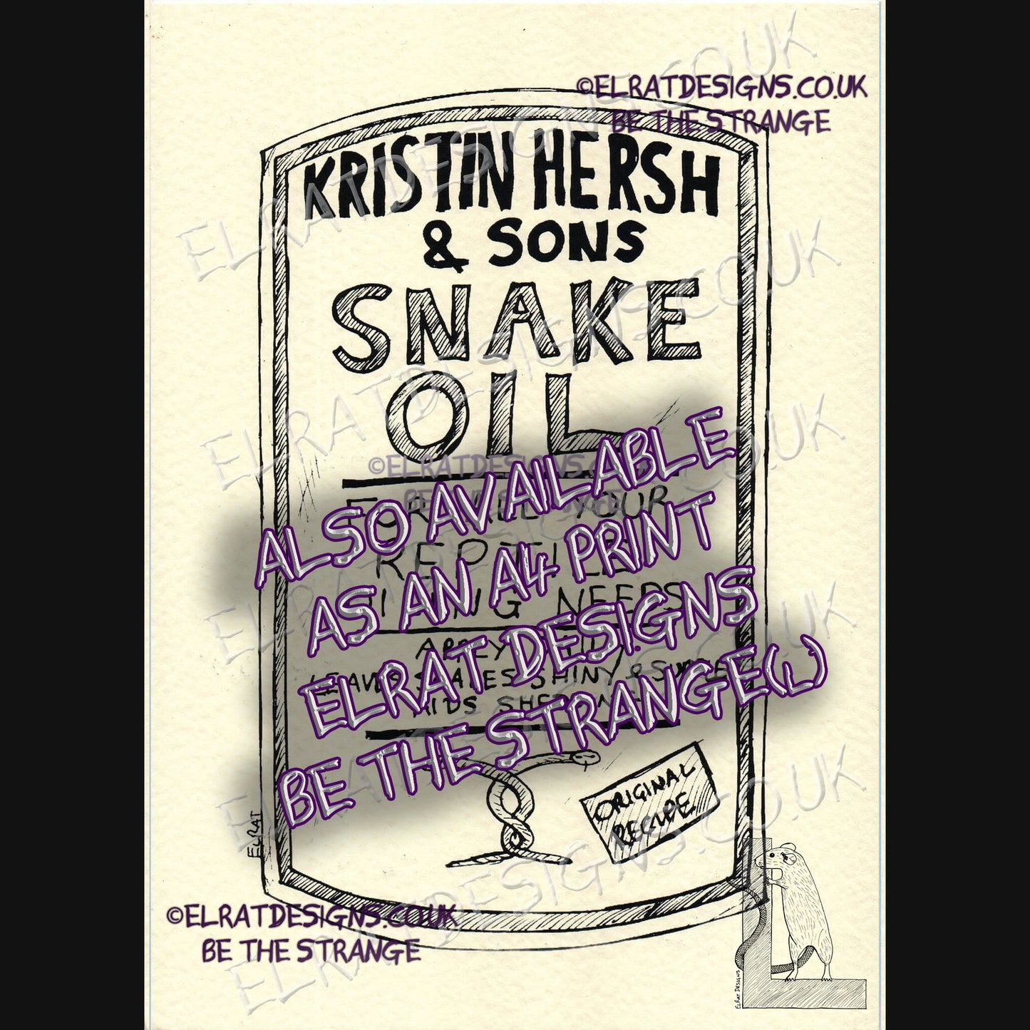 ElRat art prints. Kristin Hersh - Snake Oil, hand drawn Medicine bottle label print, by ElRat designs - hero - elratdesigns.co.uk