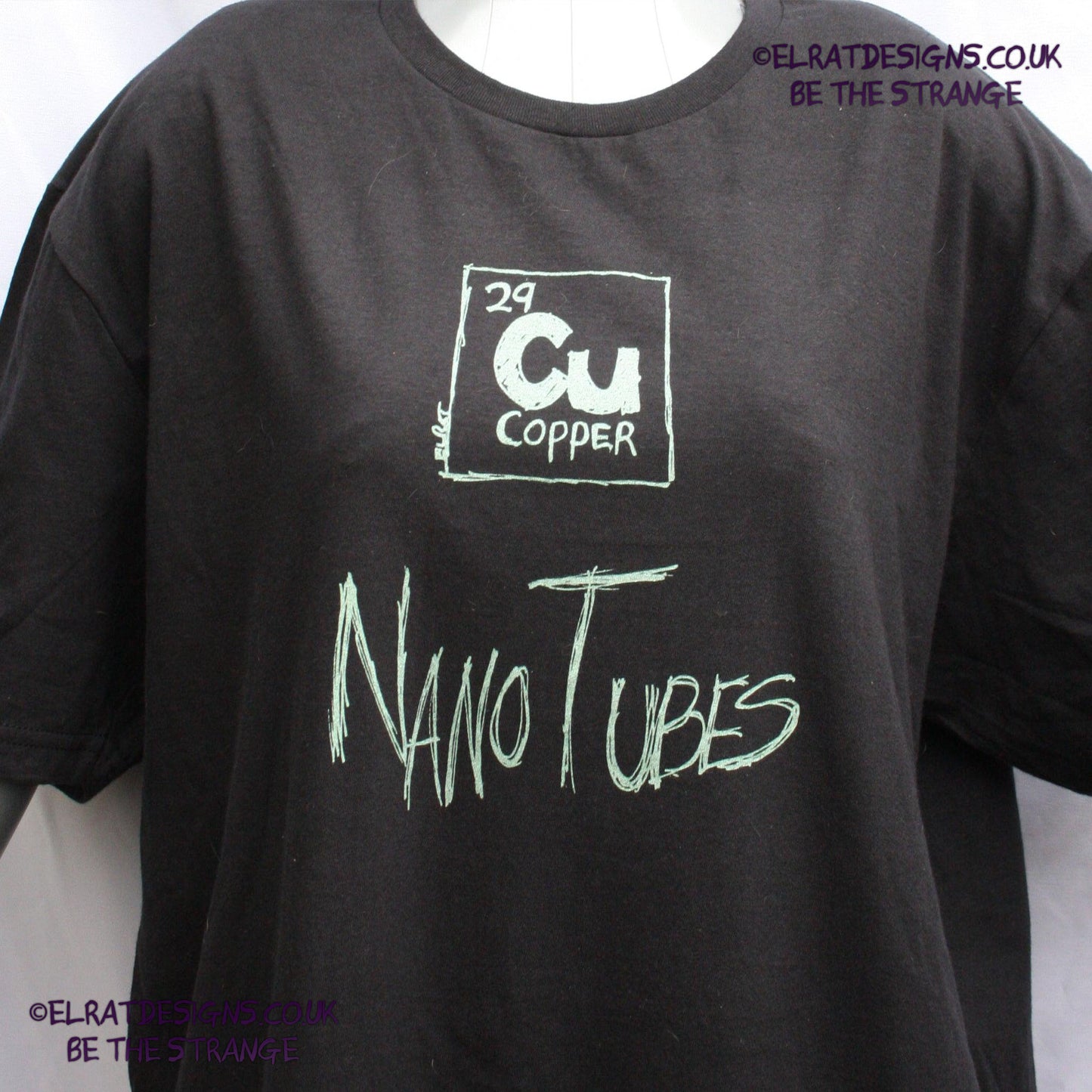 ElRat Copper Nanotubes CuNTs scientific humour screen printed t-shirt, featuring pearlescent Apple Mint Green ink. only from elratdesigns.co.uk