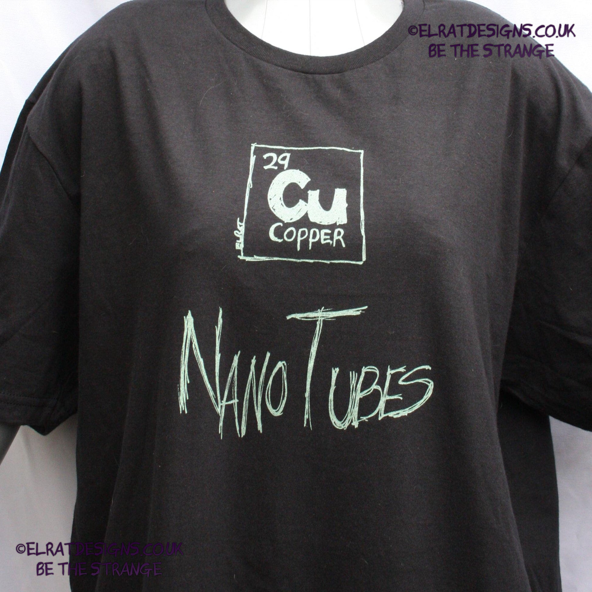 ElRat Copper Nanotubes CuNTs scientific humour screen printed t-shirt, featuring pearlescent Apple Mint Green ink. only from elratdesigns.co.uk