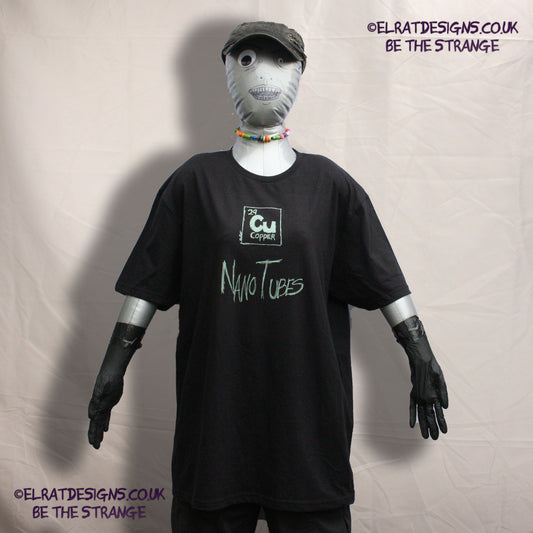 ElRat Copper Nanotubes CuNTs scientific humour screen printed t-shirt, featuring pearlescent Apple Mint Green ink. only from elratdesigns.co.uk