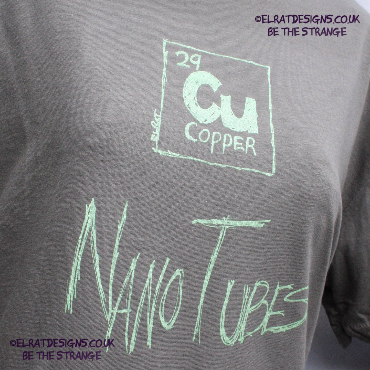 ElRat Copper Nanotubes CuNTs scientific humour screen printed t-shirt, featuring pearlescent Apple Mint Green ink. only from elratdesigns.co.uk