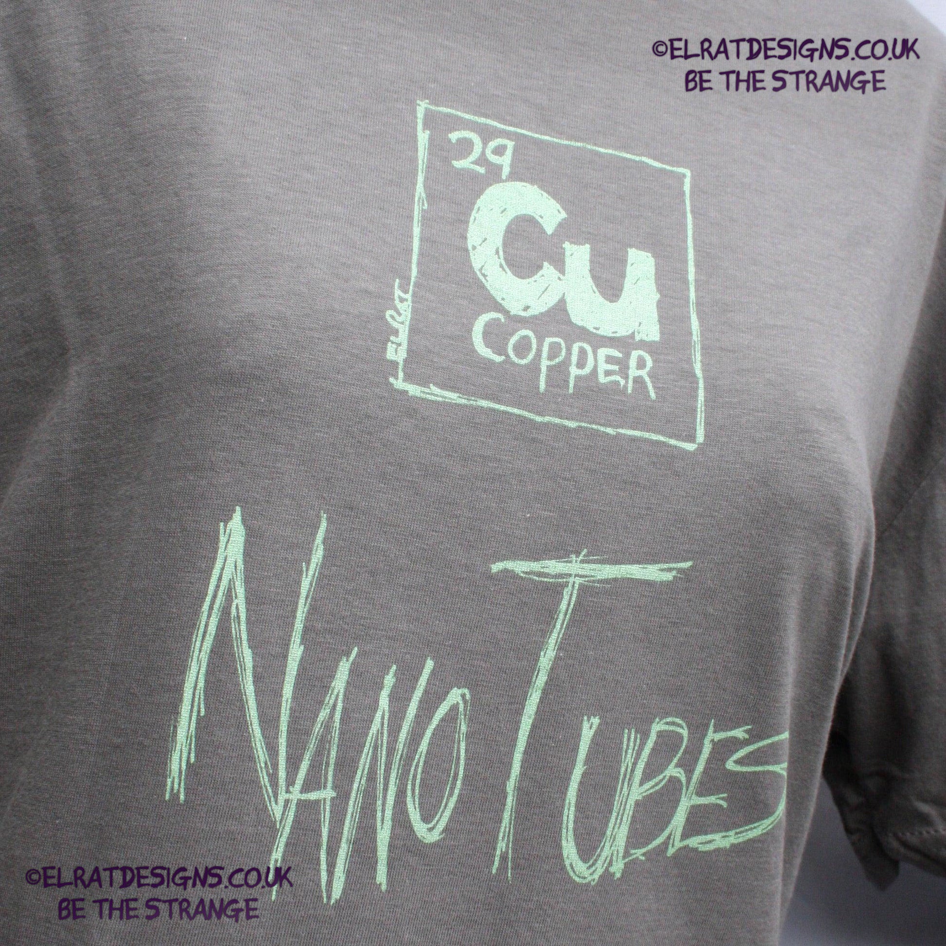 ElRat Copper Nanotubes CuNTs scientific humour screen printed t-shirt, featuring pearlescent Apple Mint Green ink. only from elratdesigns.co.uk