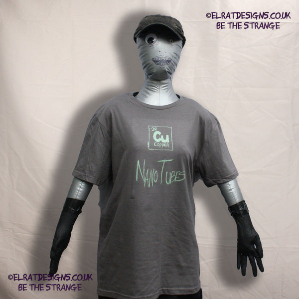 ElRat Copper Nanotubes CuNTs scientific humour screen printed t-shirt, featuring pearlescent Apple Mint Green ink. only from elratdesigns.co.uk - hero
