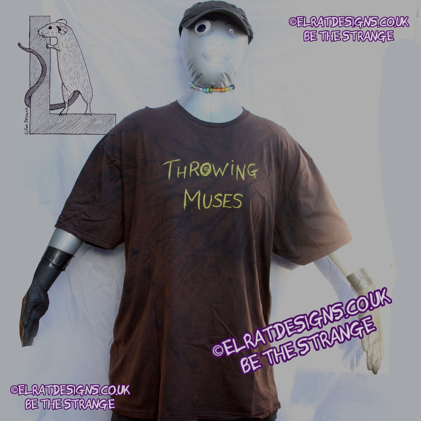Misprint, Throwing Muses ElRat Scruffy Font T-Shirt - ONE OFF Black reverse Tie-Dye RTD cotton T-Shirt- 2XLarge #1 - ElRat Designs - elratdesigns.co.uk