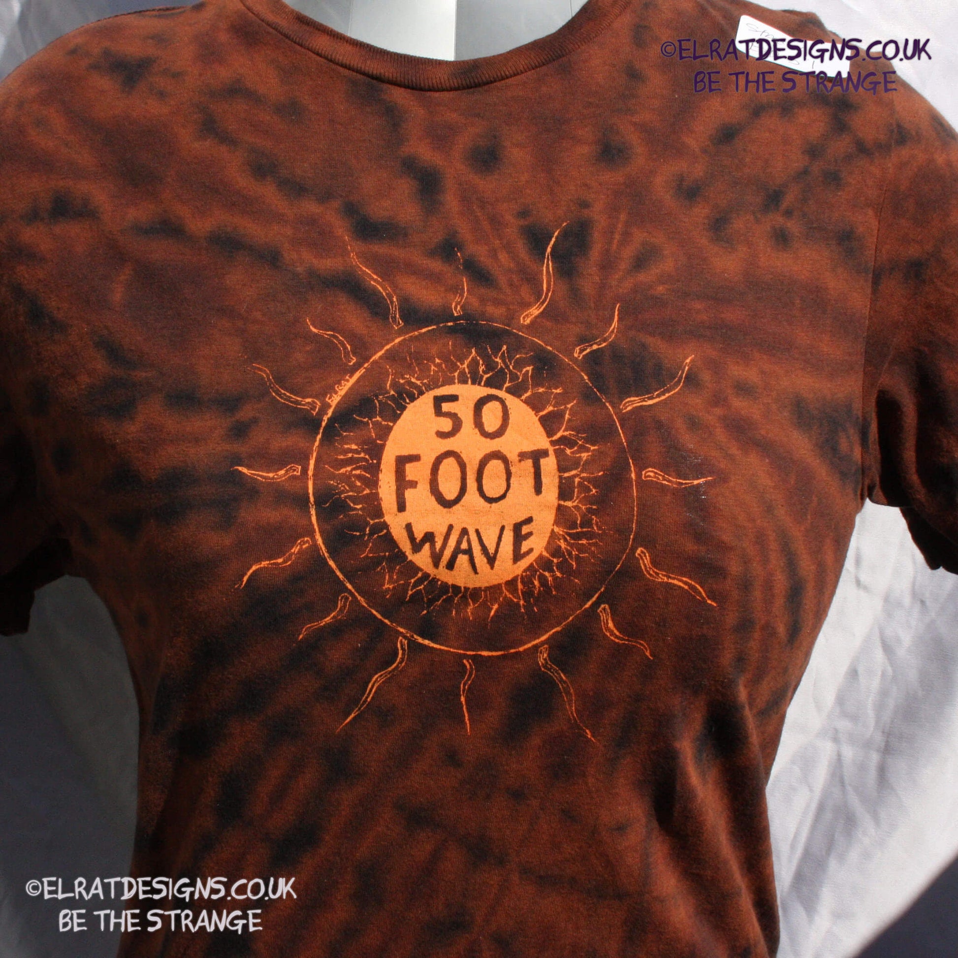 ElRat 50 foot wave 'Staring into the Sun' T-Shirt - misprint Small ONE OFF Reverse Tie-Dye (#2) front. ElRat Designs - elratdesigns.co.uk