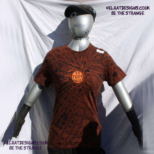 ElRat 50 foot wave 'Staring into the Sun' T-Shirt - misprint Small ONE OFF Reverse Tie-Dye (#2) front. ElRat Designs - elratdesigns.co.uk
