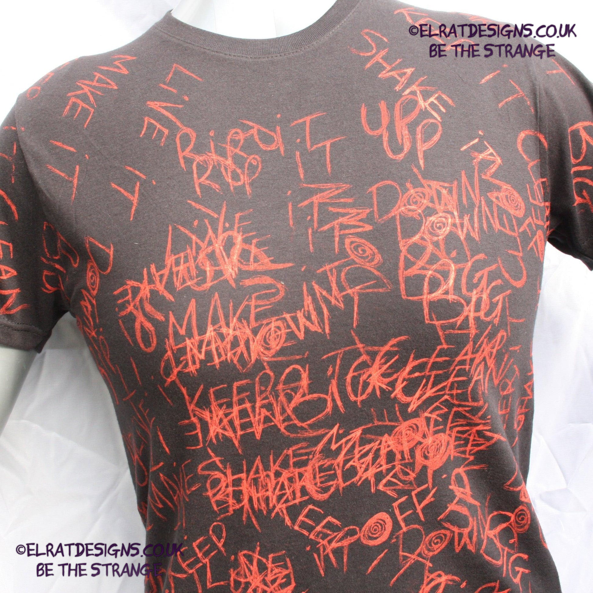 Hook in her Head, Messy Print, hand printed one-of-a-kind T-Shirt. Black with scarlet ink - ElRat Designs - elratdesigns.co.uk