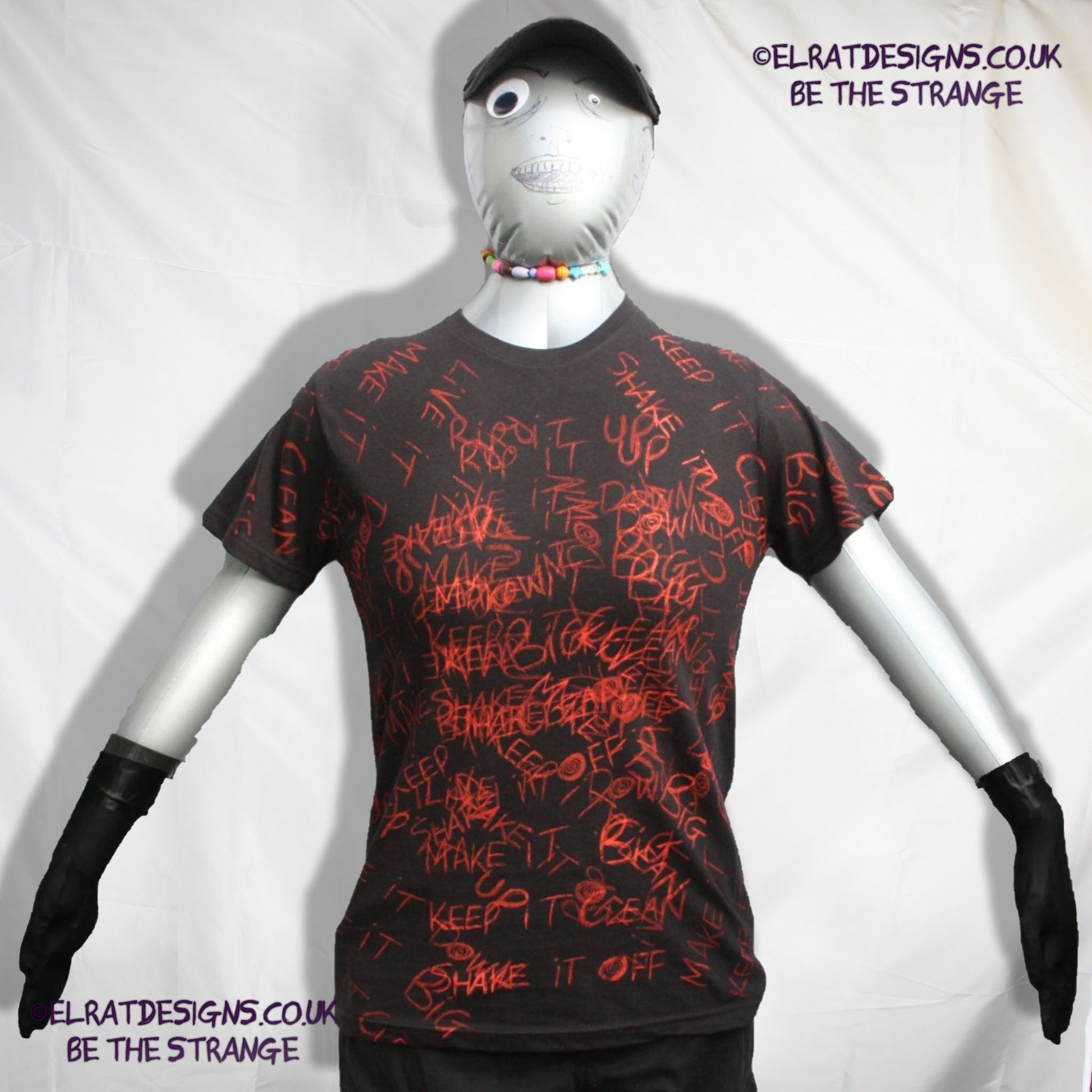 Hook in her Head, Messy Print, hand printed one-of-a-kind T-Shirt. Black with scarlet ink - ElRat Designs - elratdesigns.co.uk