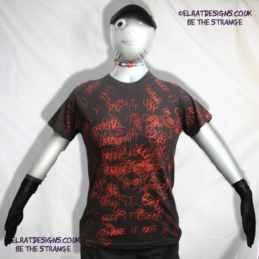 Hook in her Head, Messy Print, hand printed one-of-a-kind T-Shirt. Black with scarlet ink - ElRat Designs - elratdesigns.co.uk