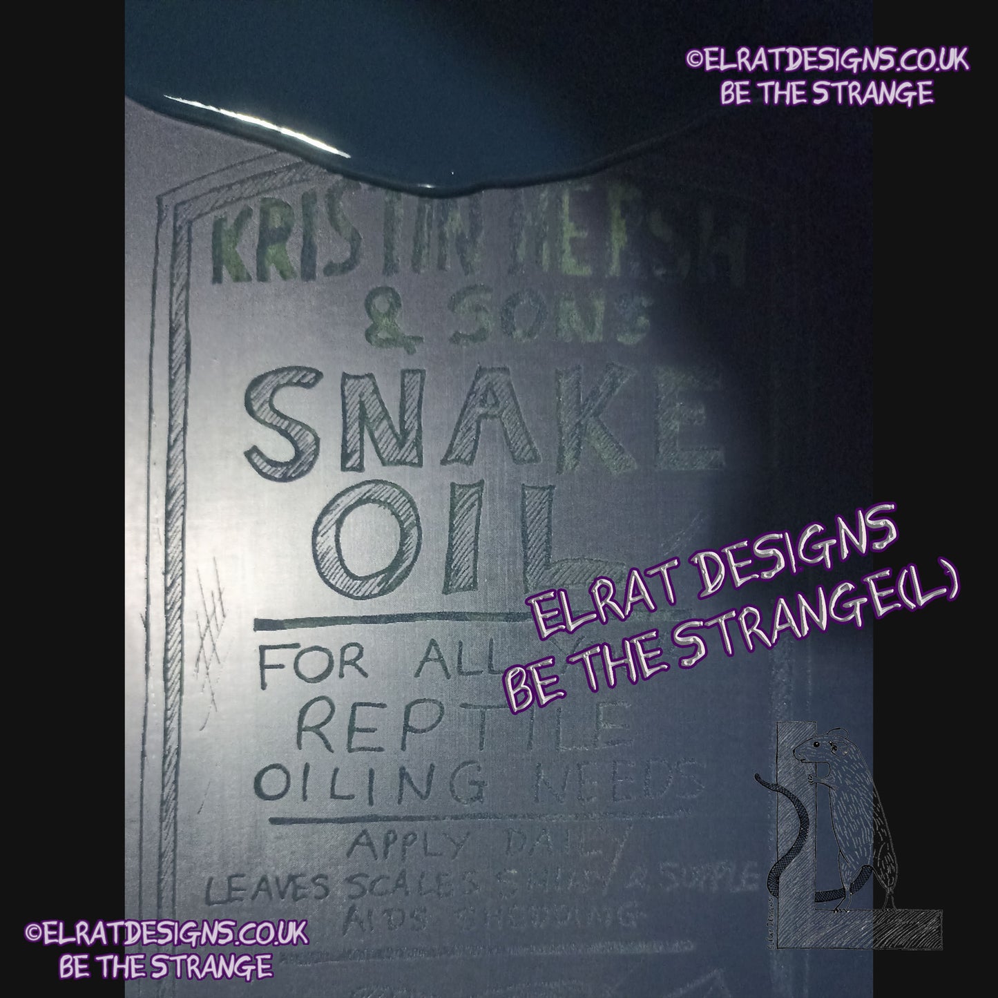 ElRat in the studio. Kristin Hersh - Snake Oil, hand drawn Medicine bottle label T-shirt, by ElRat designs - hero - elratdesigns.co.uk