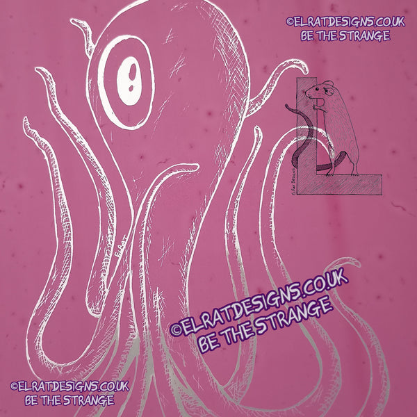 ElRat in the Studio. ElRat Designs hand-drawn Octoclops design, B-Movie inspiredl! screen printing screen - hero - elratdesigns.co.uk