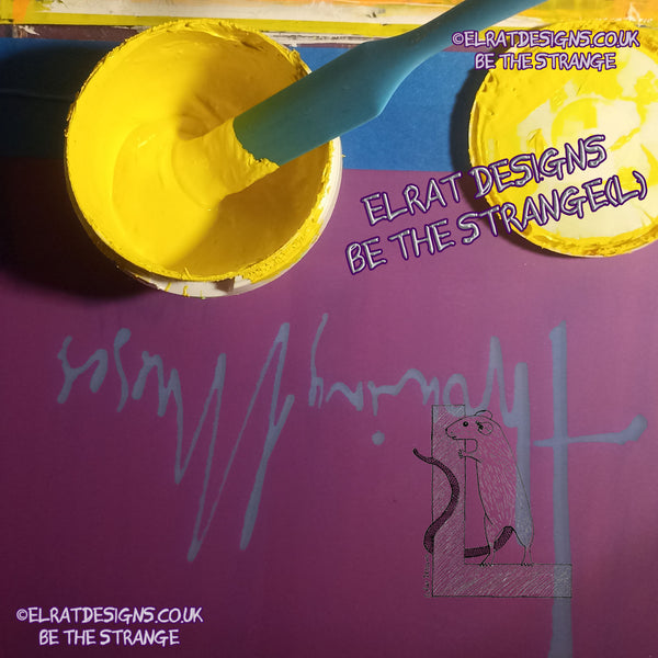 ElRat in the Studio. Throwing Muses 1986 logo, original Kristin Hersh handwritten logo, hand printed T-Shirt - ElRat Designs - hero - elratdesigns.co.uk 