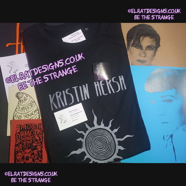 ElRat Packages of Light - Kristin Hersh, Silver Sun, ElRat hand drawn Spiral sun printed in Silver, Back Print "How much for a life you don't despise?". hand pulled screen print with eco friendly water based ink. available in sizes XS to 6XL - only from elratdesigns.co.uk - hero