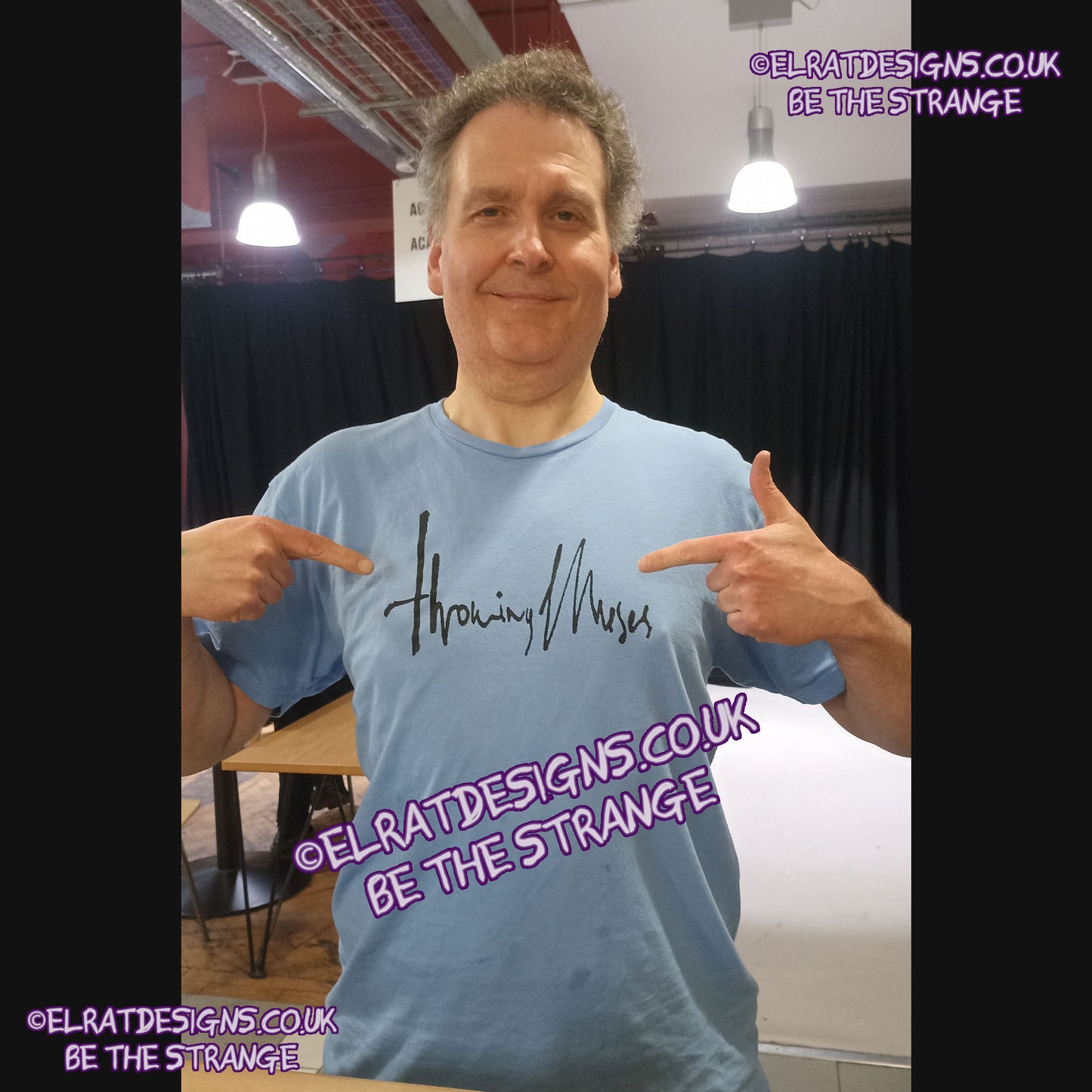 ElRat in the Wild, Carolina Blue/Black Throwing Muses 1986 logo T-Shirt, out in the wild at Throwing Muses Manchester show. 24th May 2025. ElRat Designs - hero - elratdesigns.co.uk 