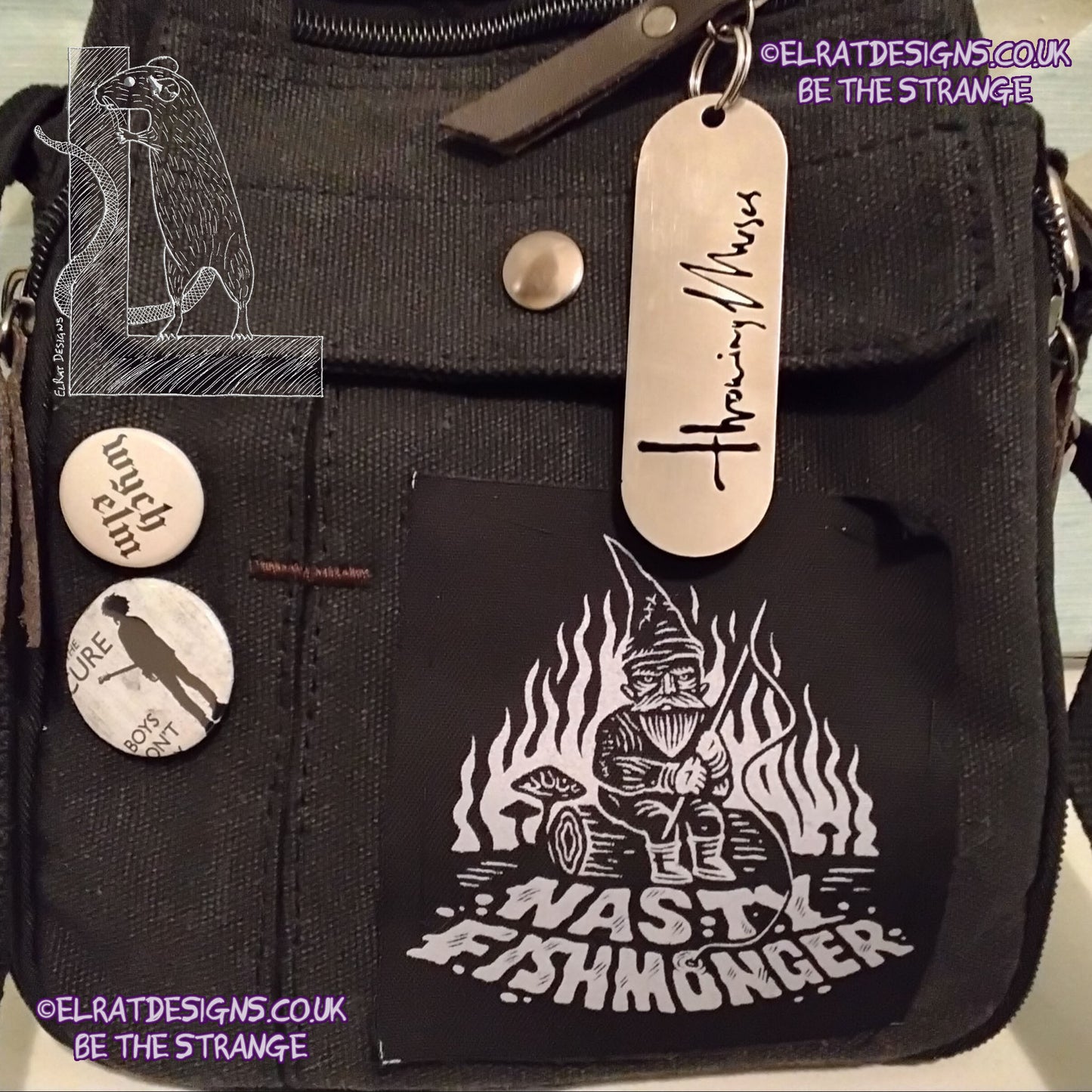 ElRat in the Wild. Throwing Muses 1986 logo CNC laser-cut stainless steel keyring, made in the UK from scrap for ElRat Designs on Nicola's very cool bag - hero - elratdesigns.co.uk