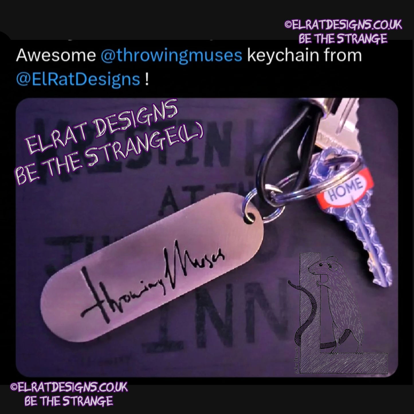 ElRat in the Wild. Throwing Muses 1986 logo CNC laser-cut stainless steel keyring, made in the UK from scrap for ElRat Designs - hero - elratdesigns.co.uk