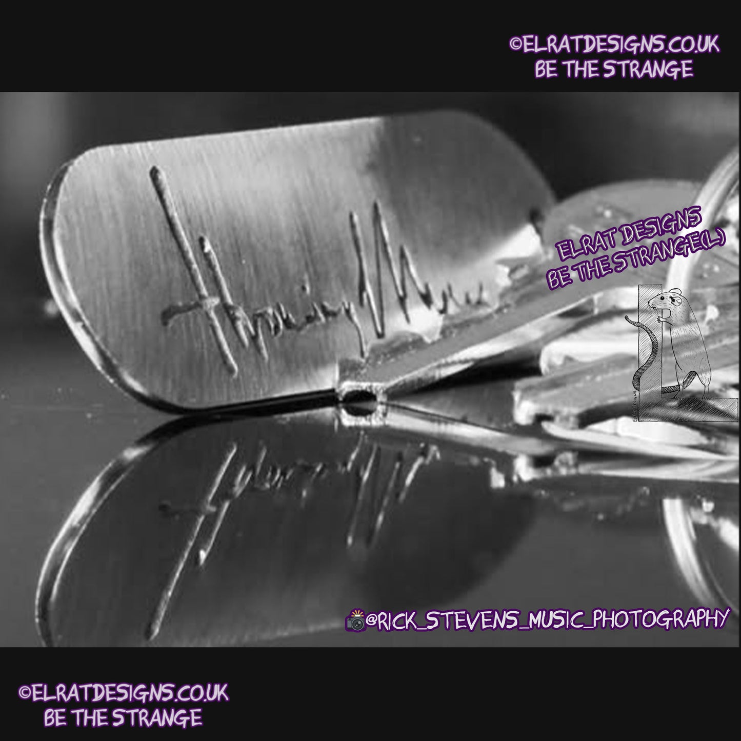 Throwing Muses 1986 logo CNC laser-cut stainless steel keyring, made in the UK from scrap for ElRat Designs - hero - Photo by @rick_stevens_music_photography on Instagram - elratdesigns.co.uk