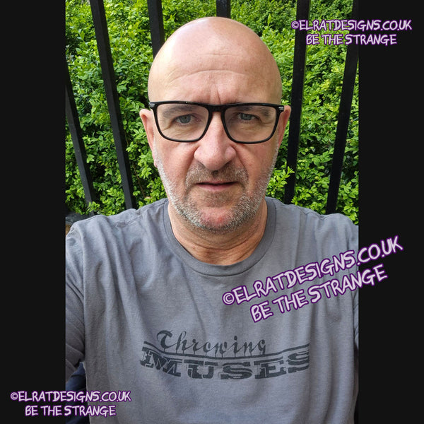 ElRat in the Wild. Throwing Muses, Classic logo "University" available in a range of colours, every shirt sold supports Kristin Hersh Studio Time. hand printed by ElRat Designs - hero - elratdesigns.co.uk