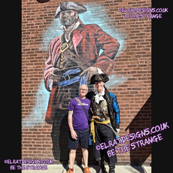 ElRat in the Wild with a pirate. Throwing Muses, Classic logo "University" available in a range of colours, every shirt sold supports Kristin Hersh Studio Time. hand printed by ElRat Designs - hero - elratdesigns.co.uk