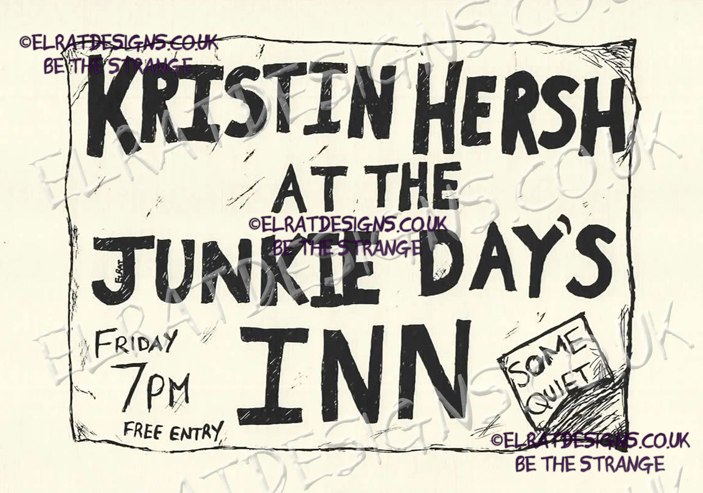 Hand drawn by ElRat, Kristin Hersh Palmetto "Live at the Junkie Day's Inn" Oldschool Music Flyer Original Art Print. Only from ElRat Designs - hero - elratdesigns.co.uk