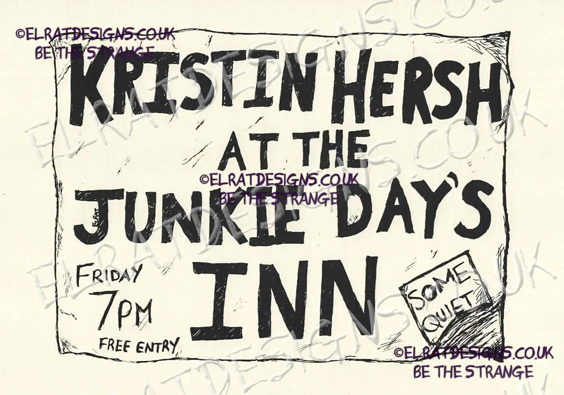 Hand drawn by ElRat, Kristin Hersh Palmetto "Live at the Junkie Day's Inn" Oldschool Music Flyer Original Art Print. Only from ElRat Designs - hero - elratdesigns.co.uk