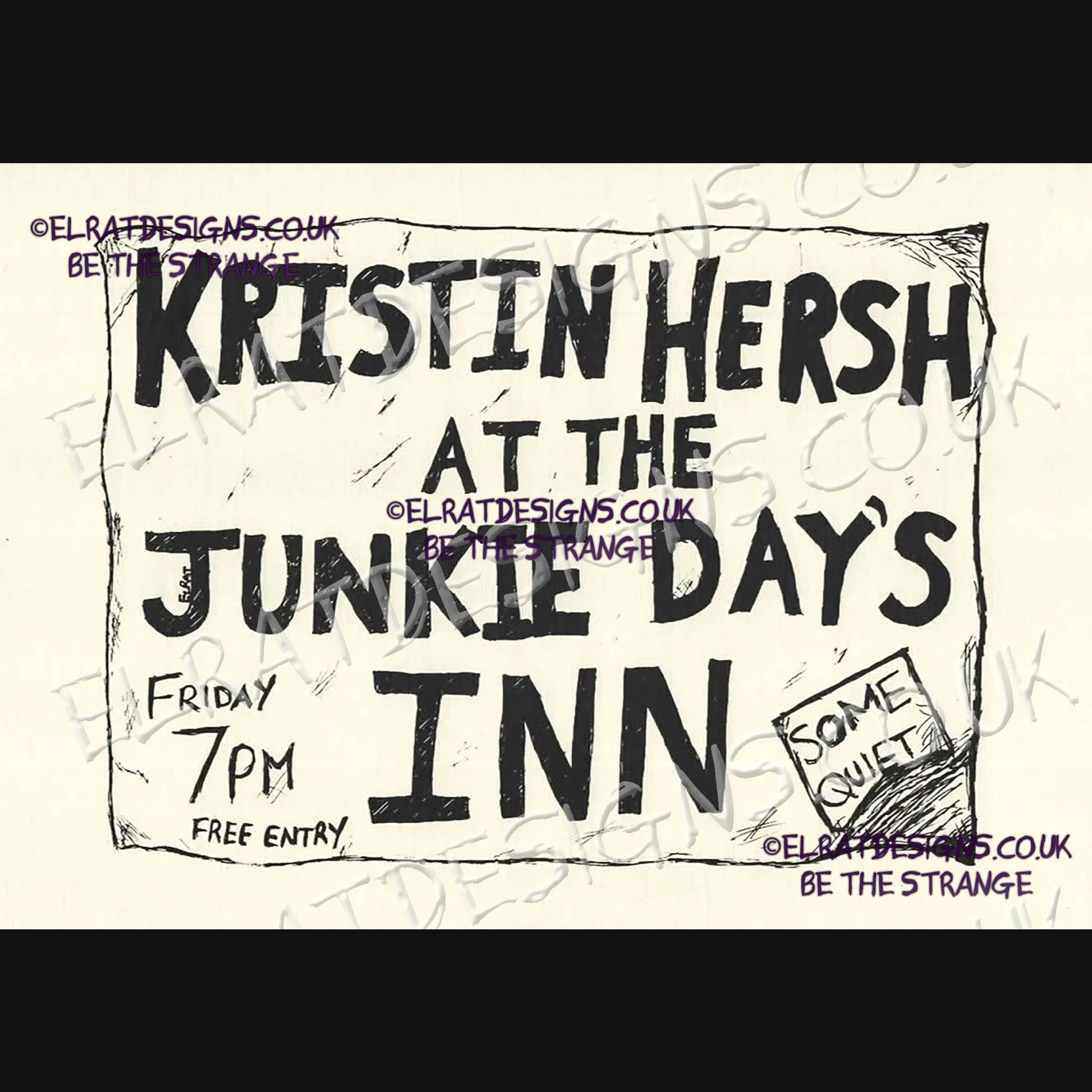 Hand drawn by ElRat, Kristin Hersh Palmetto "Live at the Junkie Day's Inn" Oldschool Music Flyer Original Art Print. Only from ElRat Designs - gallery-skip - elratdesigns.co.uk