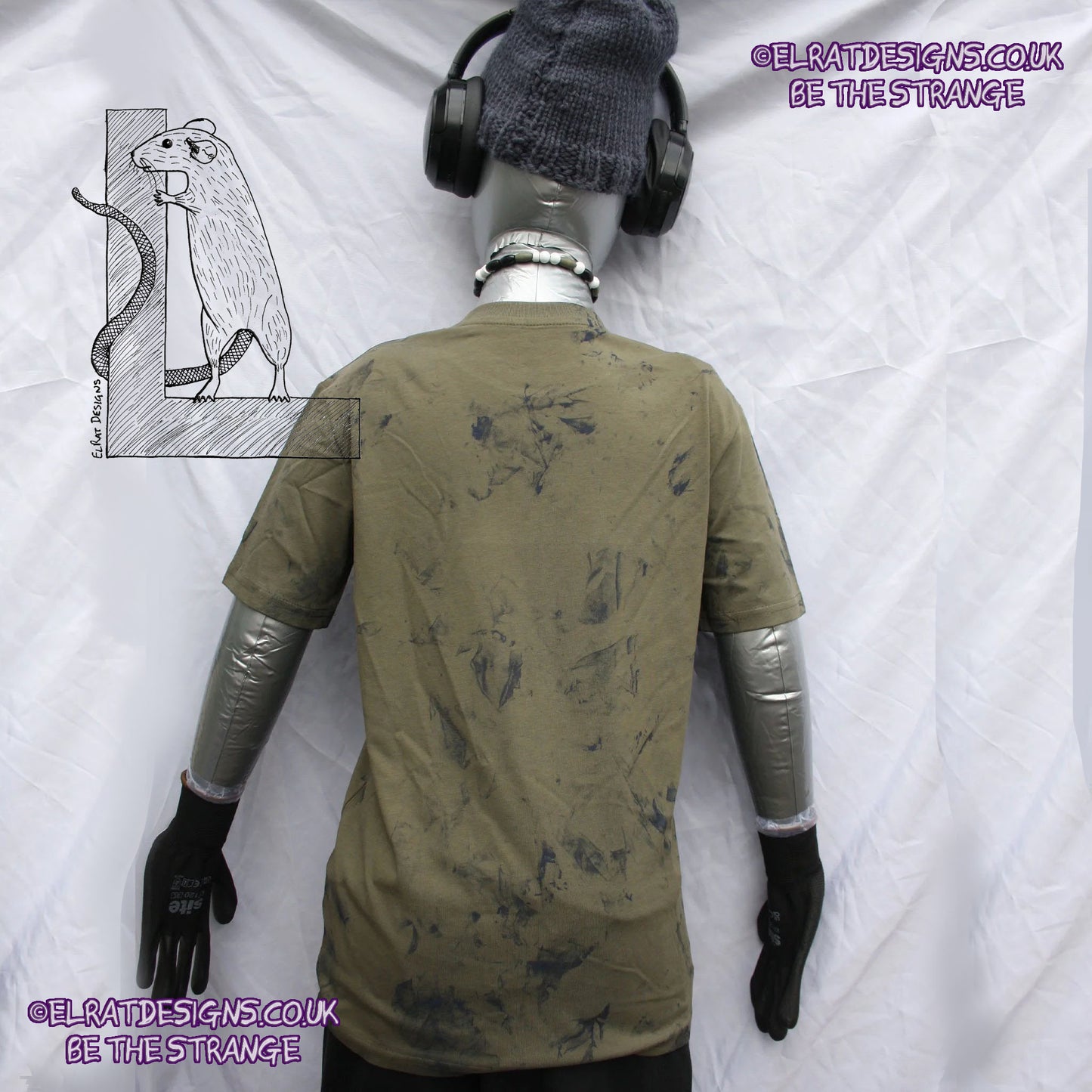 Messy Artist shirt, One of a kind, art shirt,  Khaki shirt, size XSmall, petrol grey ink. MA-Kh-XS1 | ElRat Designs - hero