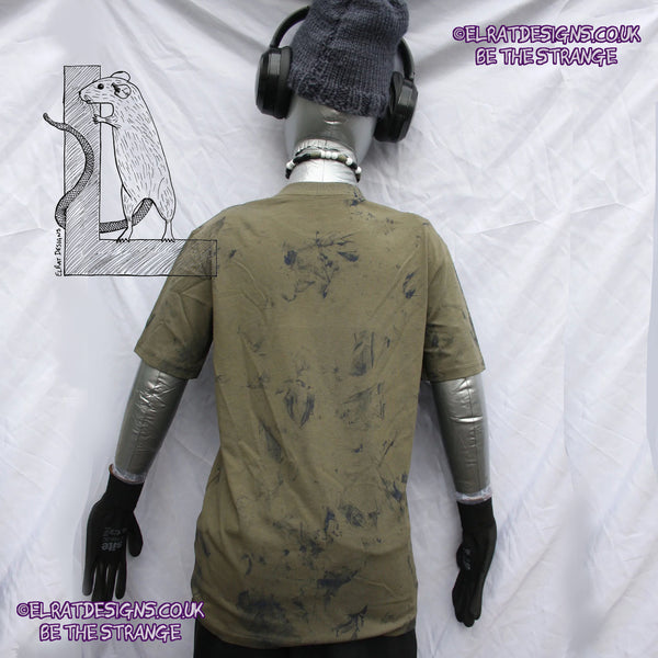 Messy Artist shirt, One of a kind, art shirt,  Khaki shirt, size XSmall, petrol grey ink. MA-Kh-XS1 | ElRat Designs - hero