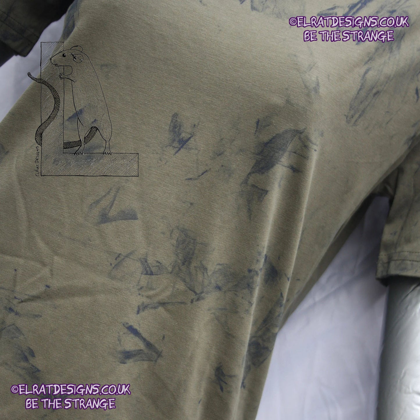 Messy Artist shirt, One of a kind, art shirt,  Khaki shirt, size XSmall, petrol grey ink. MA-Kh-XS1 | ElRat Designs - gallery-skip