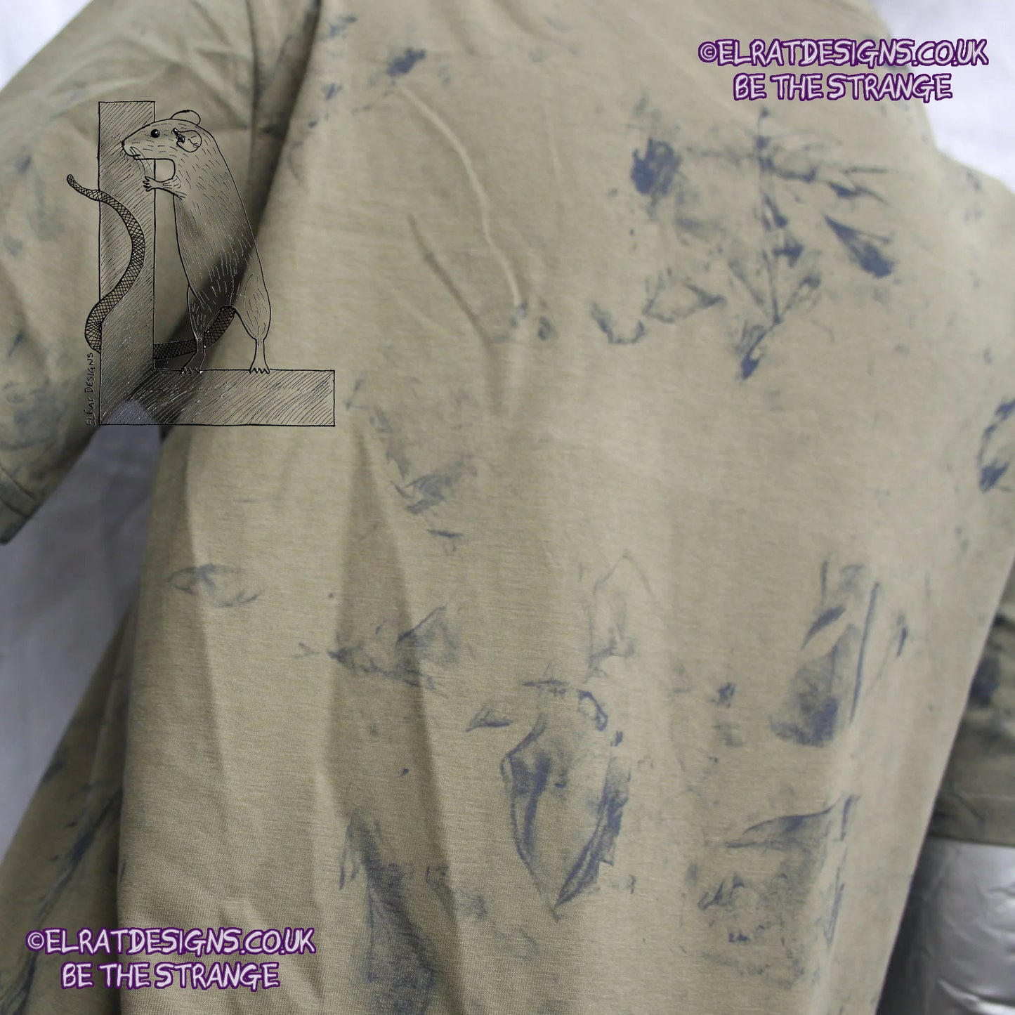 Messy Artist shirt, One of a kind, art shirt,  Khaki shirt, size XSmall, petrol grey ink. MA-Kh-XS1 | ElRat Designs - hero