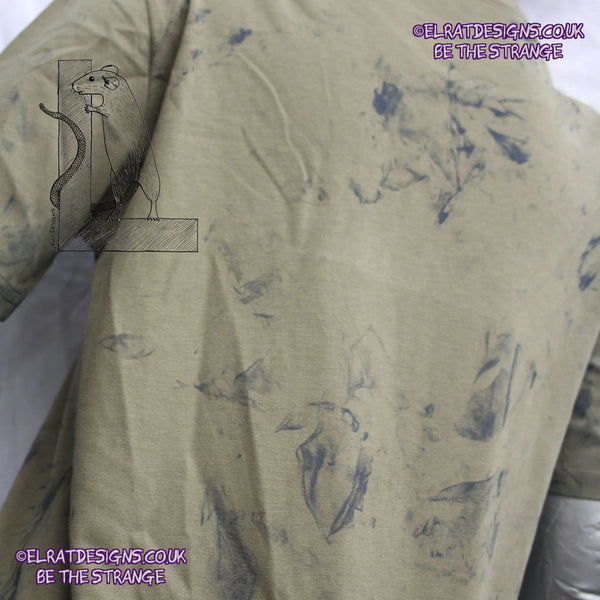 Messy Artist shirt, One of a kind, art shirt,  Khaki shirt, size XSmall, petrol grey ink. MA-Kh-XS1 | ElRat Designs - hero