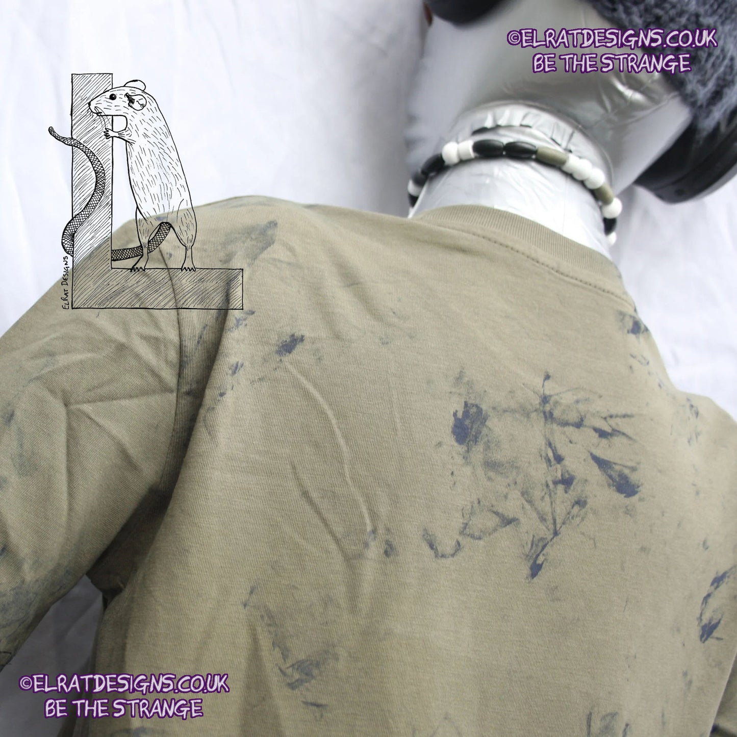 Messy Artist shirt, One of a kind, art shirt,  Khaki shirt, size XSmall, petrol grey ink. MA-Kh-XS1 | ElRat Designs - hero