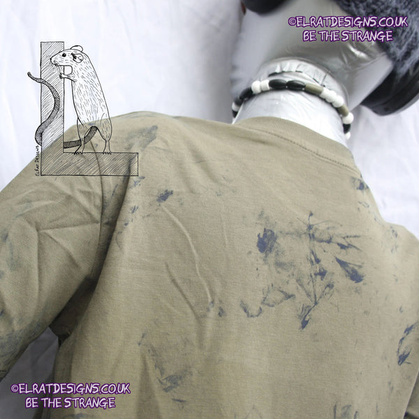 Messy Artist shirt, One of a kind, art shirt,  Khaki shirt, size XSmall, petrol grey ink. MA-Kh-XS1 | ElRat Designs - hero