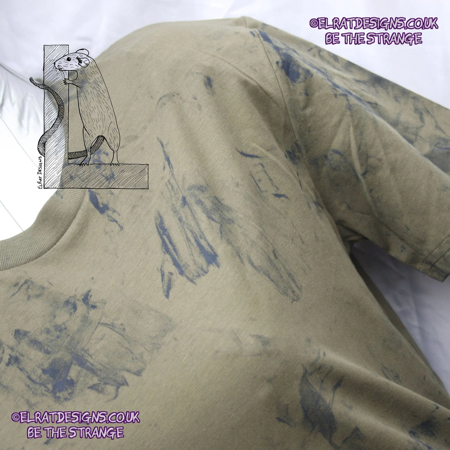 Messy Artist shirt, One of a kind, art shirt,  Khaki shirt, size XSmall, petrol grey ink. MA-Kh-XS1 | ElRat Designs - hero