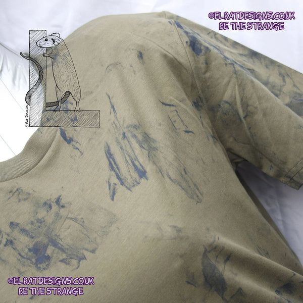 Messy Artist shirt, One of a kind, art shirt,  Khaki shirt, size XSmall, petrol grey ink. MA-Kh-XS1 | ElRat Designs - hero