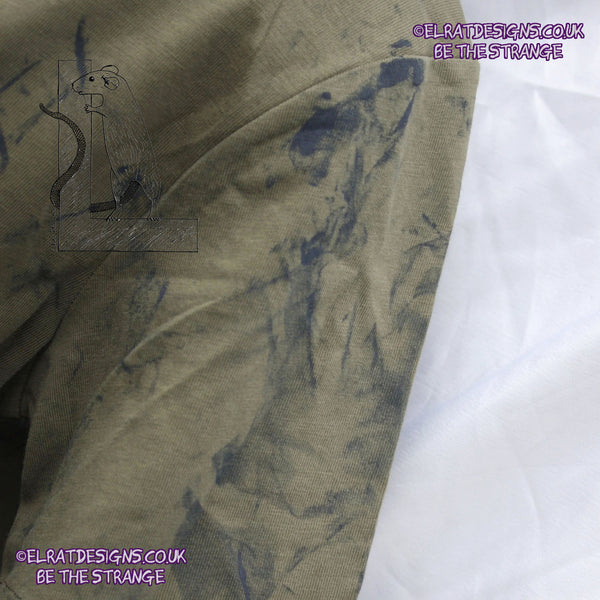 Messy Artist shirt, One of a kind, art shirt,  Khaki shirt, size XSmall, petrol grey ink. MA-Kh-XS1 | ElRat Designs - hero