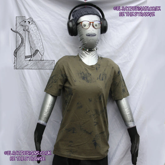 Messy Artist shirt, One of a kind, art shirt,  Khaki shirt, size XSmall, petrol grey ink. MA-Kh-XS1 | ElRat Designs - hero