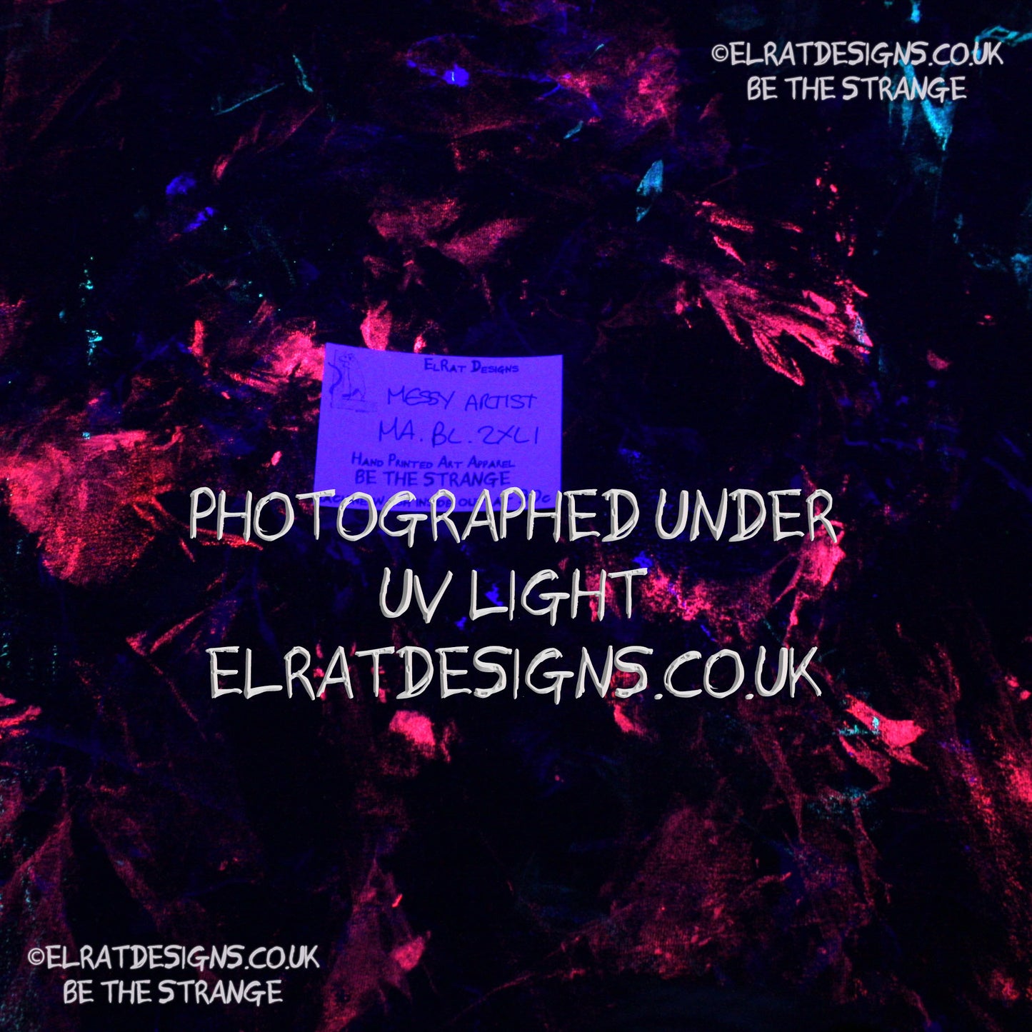 Messy Artist shirt from ElRat Designs - MA Bl 2XL1 - One of a kind eco friendly art shirt. Made using waste ink. Black Shirt with Blue, Yellow and Fluorescent Orange, I think a bit of silver, likely some other colours. Please check the photos This is your shirt - hero - elratdesigns.co.uk