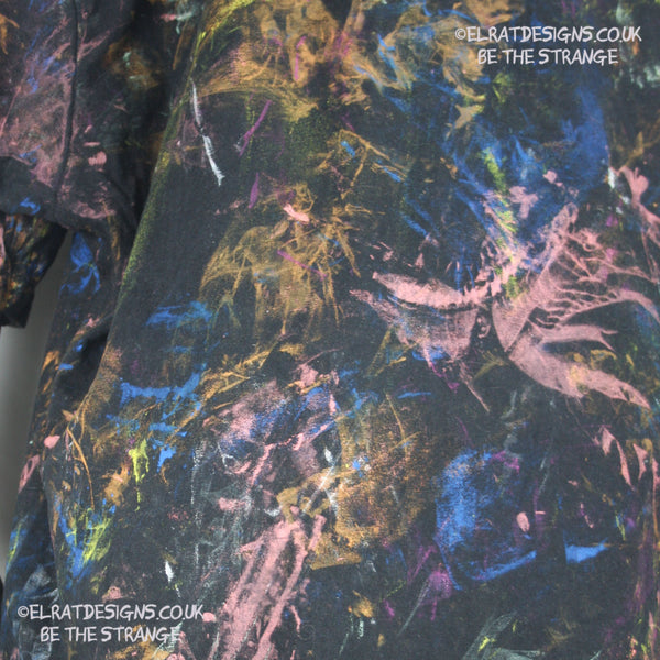 Messy Artist shirt from ElRat Designs - MA Bl 2XL1 - One of a kind eco friendly art shirt. Made using waste ink. Black Shirt with Blue, Yellow and Fluorescent Orange, I think a bit of silver, likely some other colours. Please check the photos This is your shirt - hero - elratdesigns.co.uk