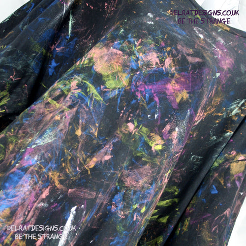 Messy Artist shirt from ElRat Designs - MA Bl 2XL1 - One of a kind eco friendly art shirt. Made using waste ink. Black Shirt with Blue, Yellow and Fluorescent Orange, I think a bit of silver, likely some other colours. Please check the photos This is your shirt - elratdesigns.co.uk