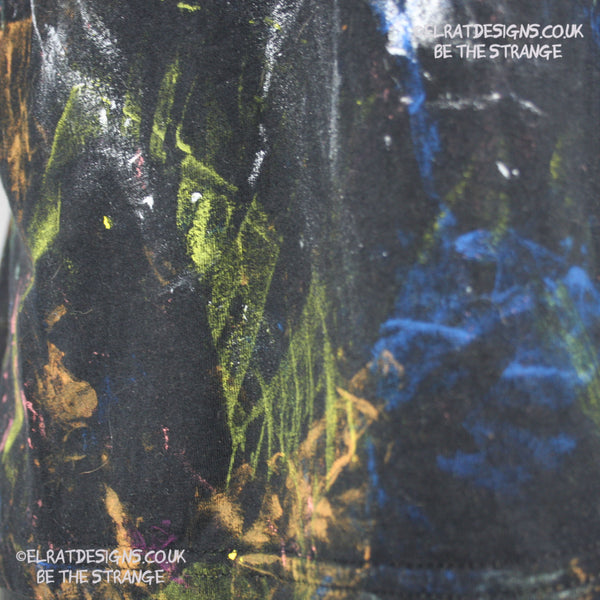 Messy Artist shirt from ElRat Designs - MA Bl 2XL1 - One of a kind eco friendly art shirt. Made using waste ink. Black Shirt with Blue, Yellow and Fluorescent Orange, I think a bit of silver, likely some other colours. Please check the photos This is your shirt - hero - elratdesigns.co.uk