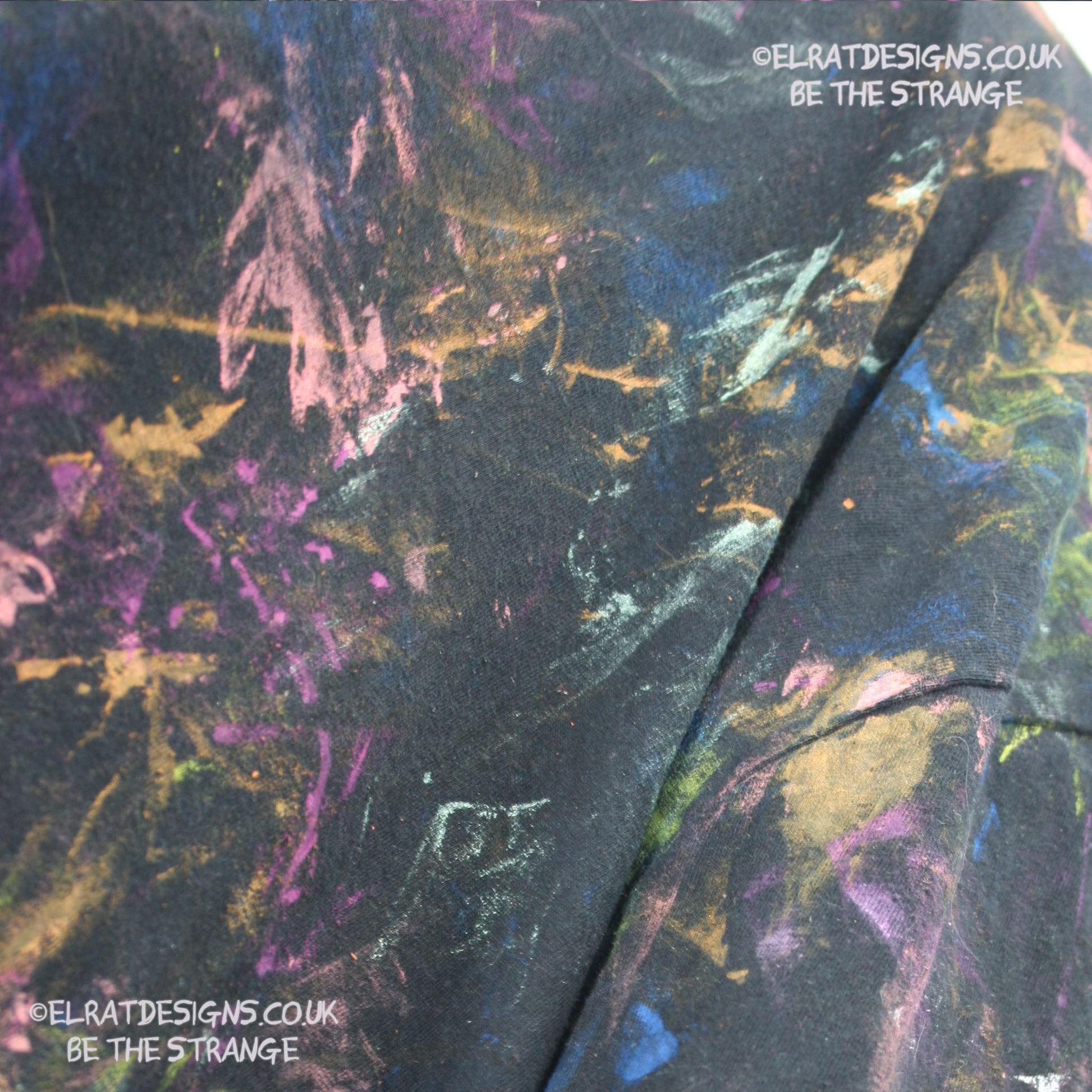 Messy Artist shirt from ElRat Designs - MA Bl 2XL1 - One of a kind eco friendly art shirt. Made using waste ink. Black Shirt with Blue, Yellow and Fluorescent Orange, I think a bit of silver, likely some other colours. Please check the photos This is your shirt - elratdesigns.co.uk